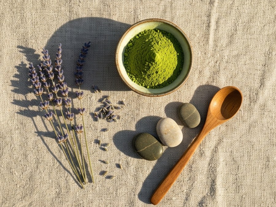 Una composizione di erbe aromatiche, tisane e piccoli flaconi di integratori naturali, disposti su un tavolo di legno.
